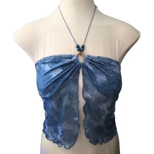 Y2K 90s Beaded Floral Split Front Halter Top Going Out Cropped Bare Midriff